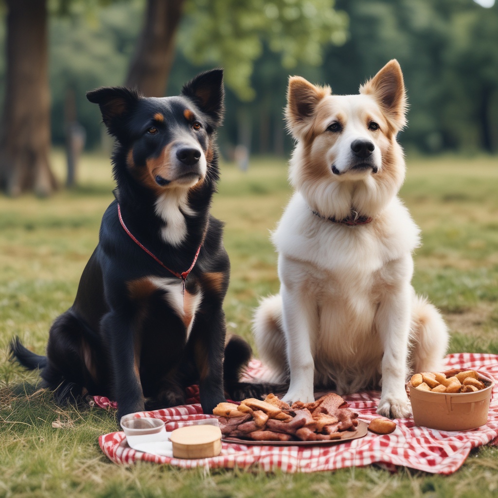Two dogs sitting at a picnic eating bacon